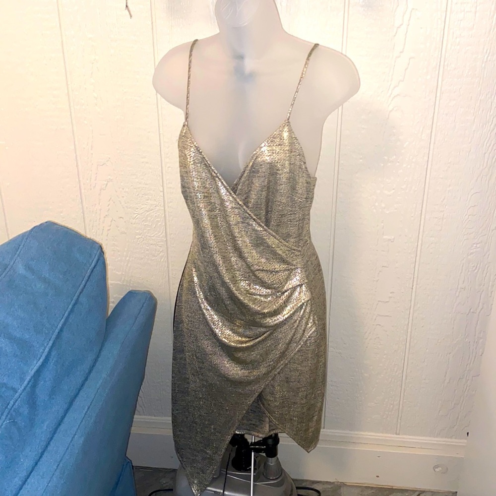 COPY - Faux wrap around gold/silver dress NWT